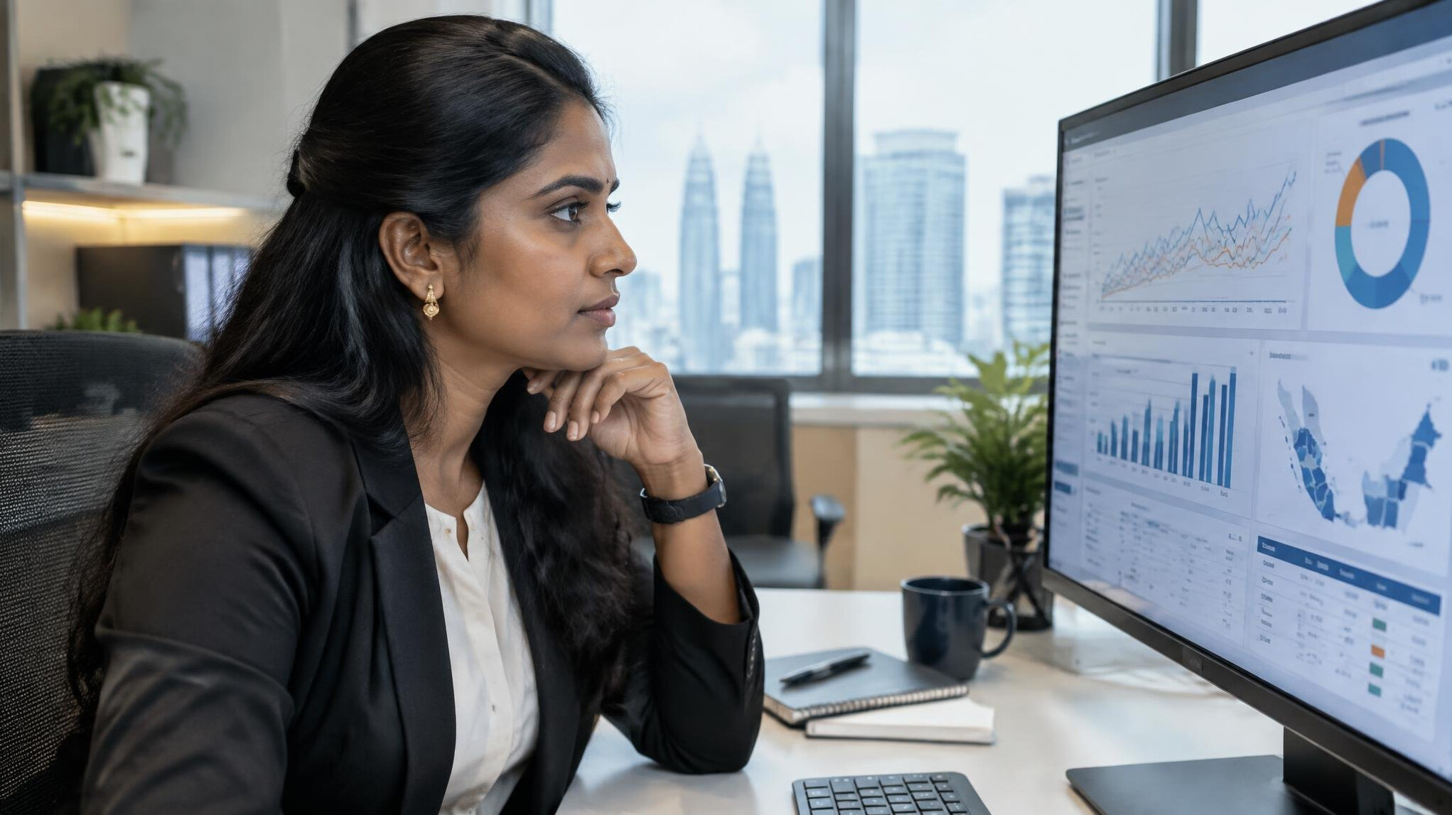 Malaysian analyst reviewing data charts on a computer screen