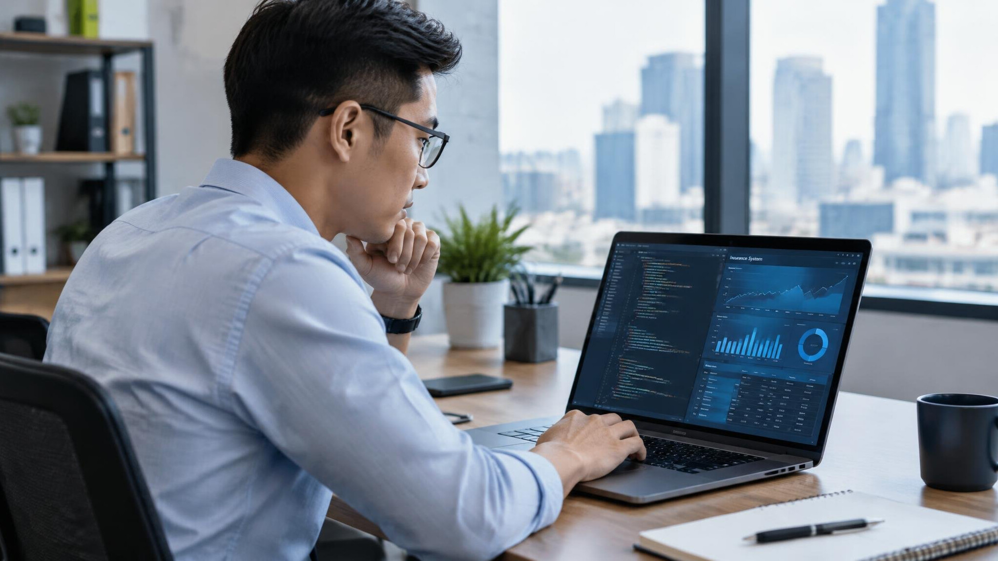 Malaysian professional reviewing insurance software on a laptop in a modern office